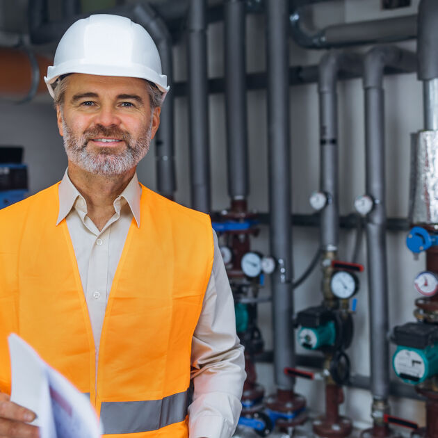 Man met oranje hesje en witte helm staat lachend voor een installatie.