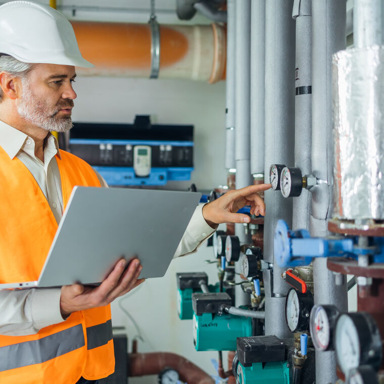 Man met een witte helm staat serieus voor een installatie met een laptop. 