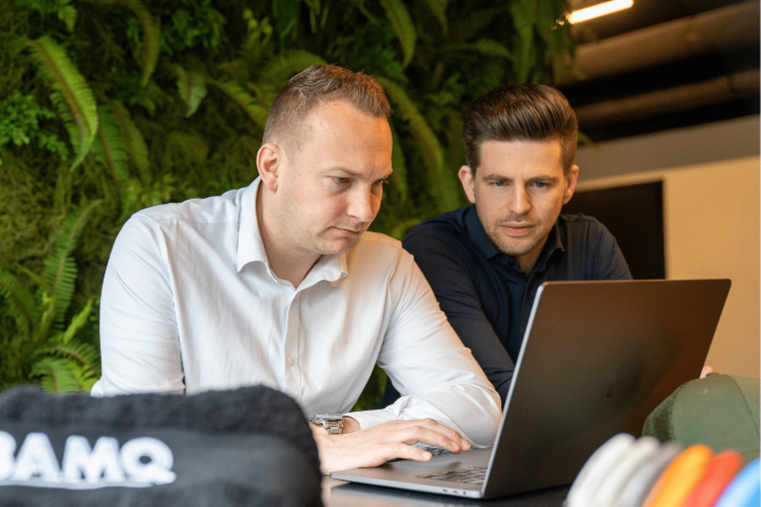 Twee mannen zitten achter laptop met planten achtergrond