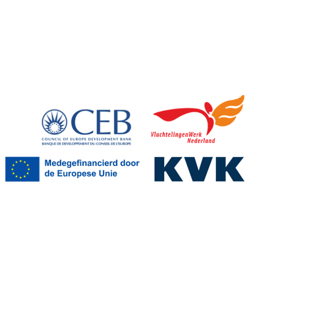 Logo's van CEB, Vluchtelingenwerk Nederland, Europese Unie, KVK