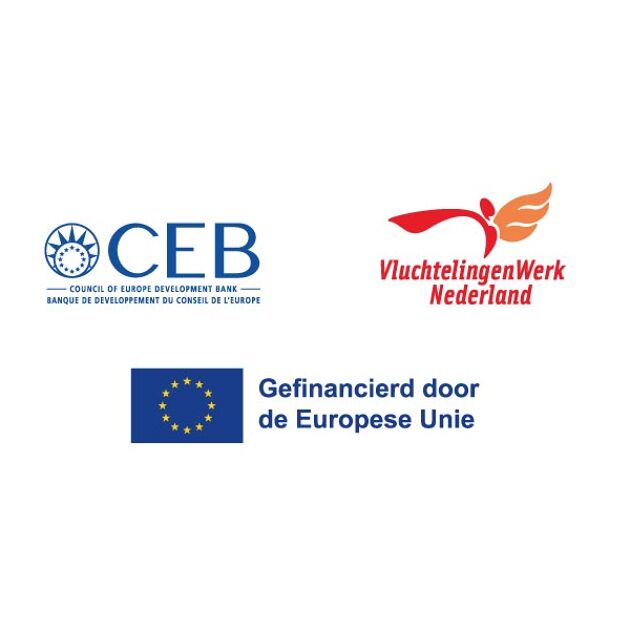 Logo's van CEB, Vluchtelingenwerk Nederland, Europese Unie, KVK