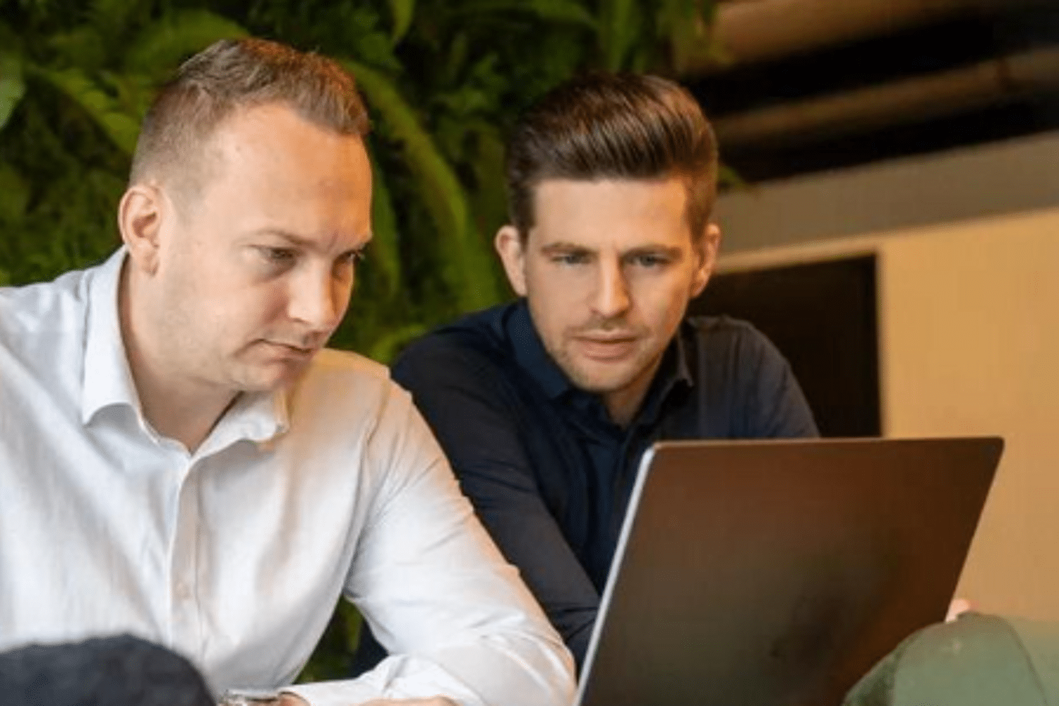 Twee mannen kijken naar laptop scherm met achtergrond van planten