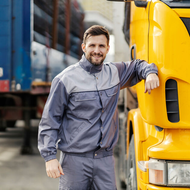 Man leunt tegen gele vrachtwagen aan.