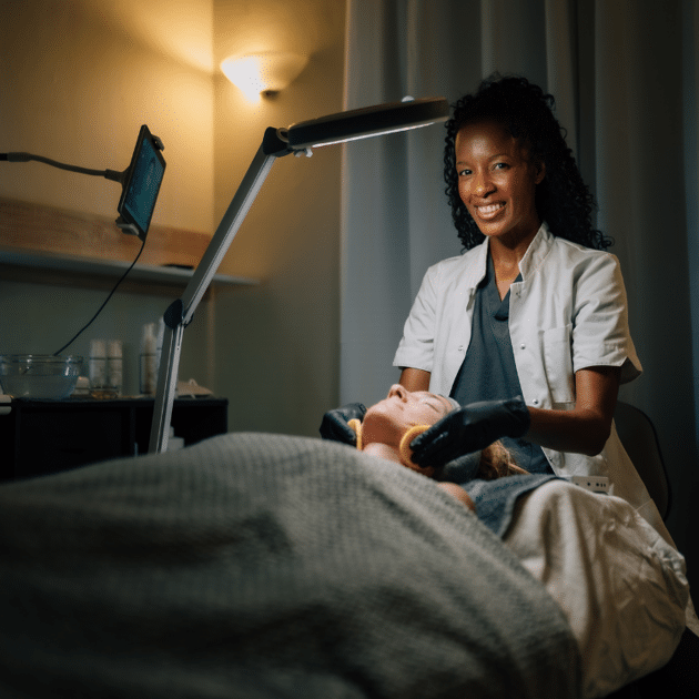 een vrouw in lab jas behandeld een klant in haar salon