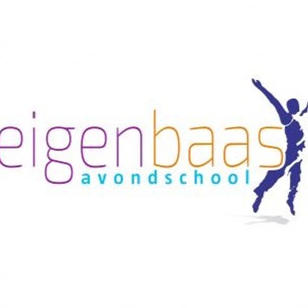 een witte achtergrond met letters in paars, geel en blauw. Er is een menselijk figuur dat springt