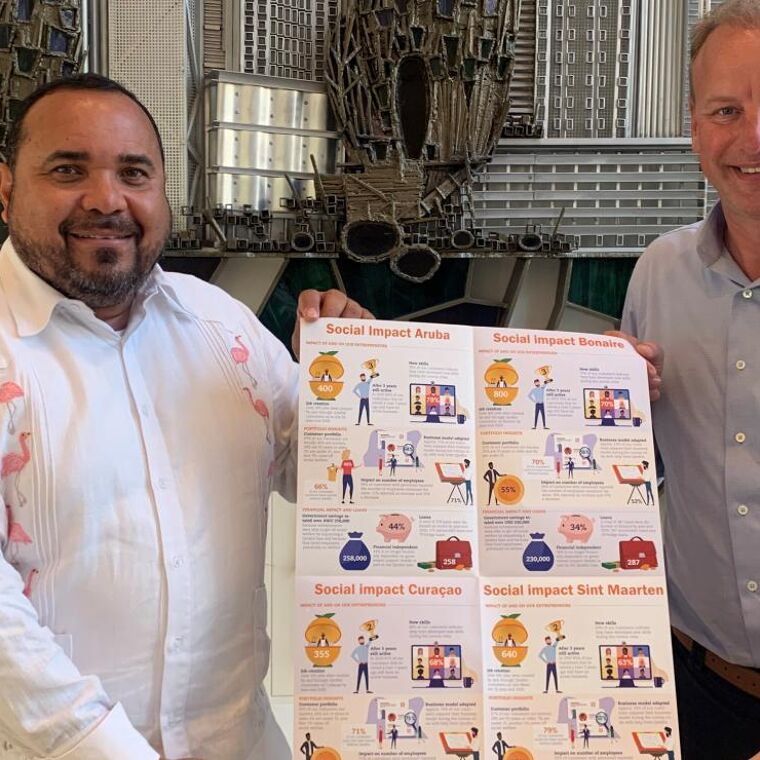 Elwin reikt een sociaal impact report uit aan Rijna op de Cariben, samen houden ze een poster vast.