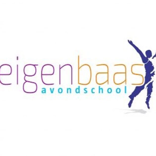 Een witte achtergrond met letters in paars, geel en blauw menselijk figuur dat springt