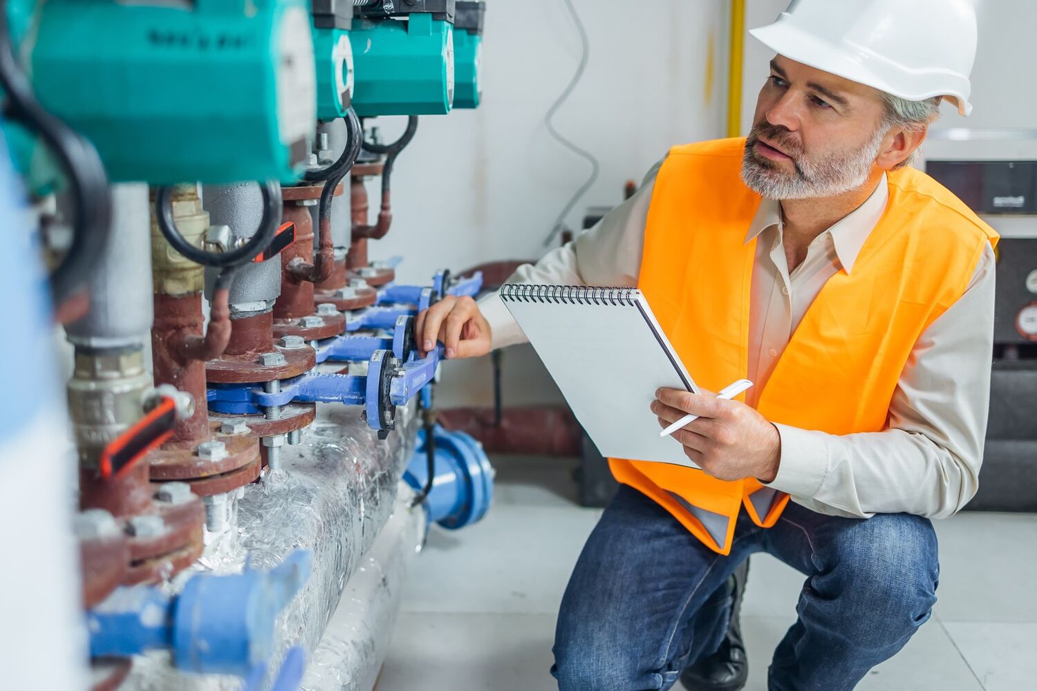 Man met oranje hesje en witte helm zit gebukt voor een installatie.