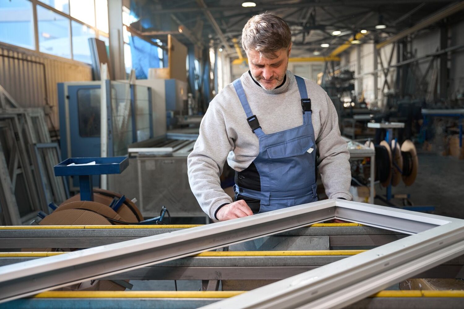 Man in werkbroek staat in hal en klust aan een kozijn.