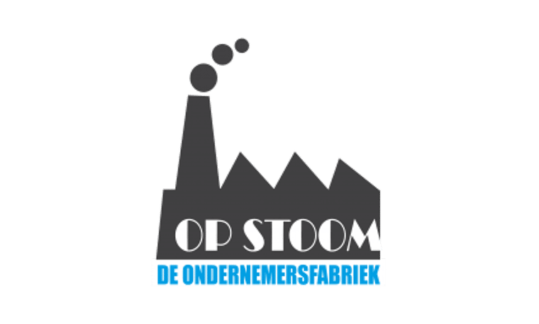 Een logo zonder achtergrond. Het logo zelf is een grijze stoom fabriek met witte en blauwe letters