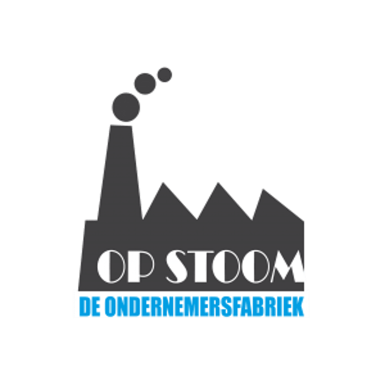Een logo zonder achtergrond. Het logo zelf is een grijze stoom fabriek met witte en blauwe letters