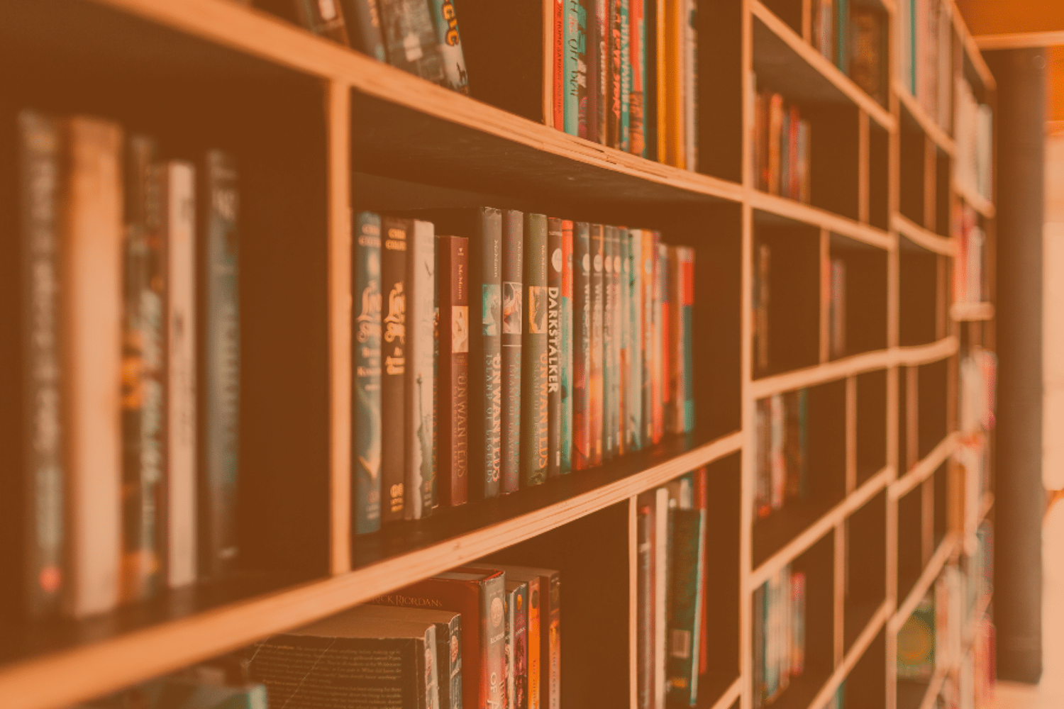 Houten boekenkast met verschillende boeken erin en een oranje waas over afbeelding